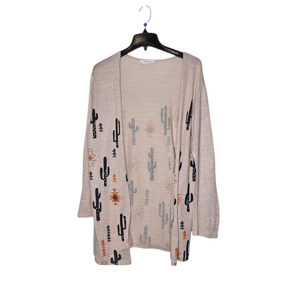 Phil Love Beige Cactus Southwest‎ Print Open Front Cardigan L Boho Lightweight